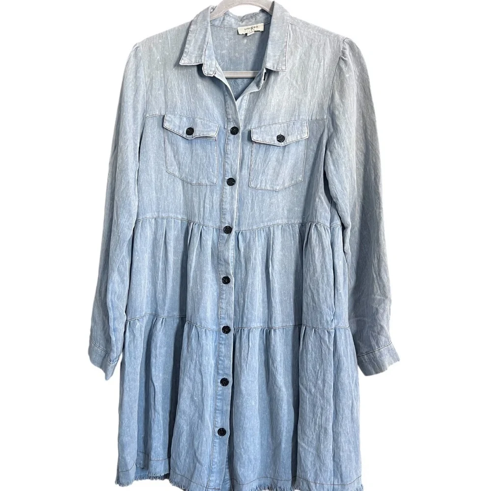 Umgee Short Denim Stonewash Dress Tiered Long Sleeve size Small - Picture 3 of 11